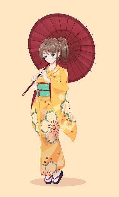 Anime manga girls en kimono con paraguas de papel