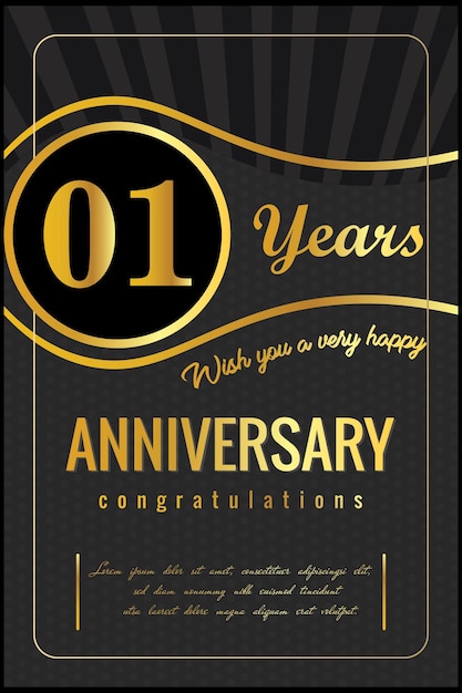 Aniversario de 01 años, diseño vectorial para celebración de aniversario con color dorado y negro.
