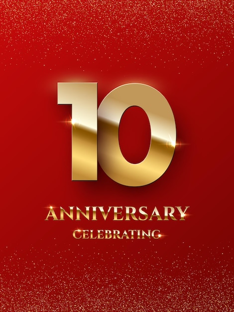 Vector aniversario de 10 años celebrando el diseño con color dorado aislado sobre fondo rojo.