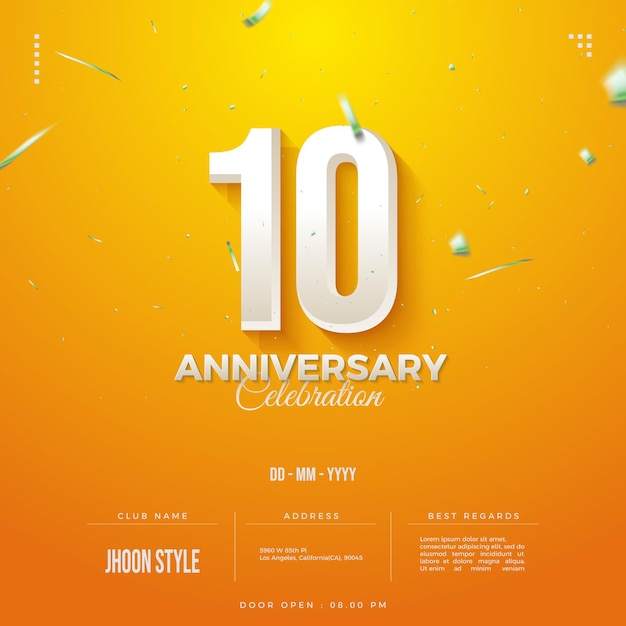 Aniversario de 10 años con ilustración de números sobre fondo amarillo