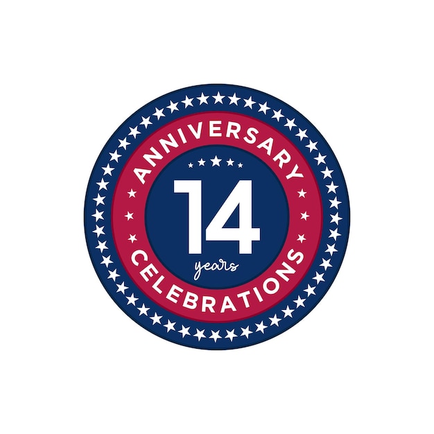 Aniversario de 14 años Diseño de plantilla de aniversario color rojo y azul con diseño de estrellas para tarjeta de invitación de evento tarjeta de felicitación banner cartel folleto cubierta de libro e impresión Vector Eps10