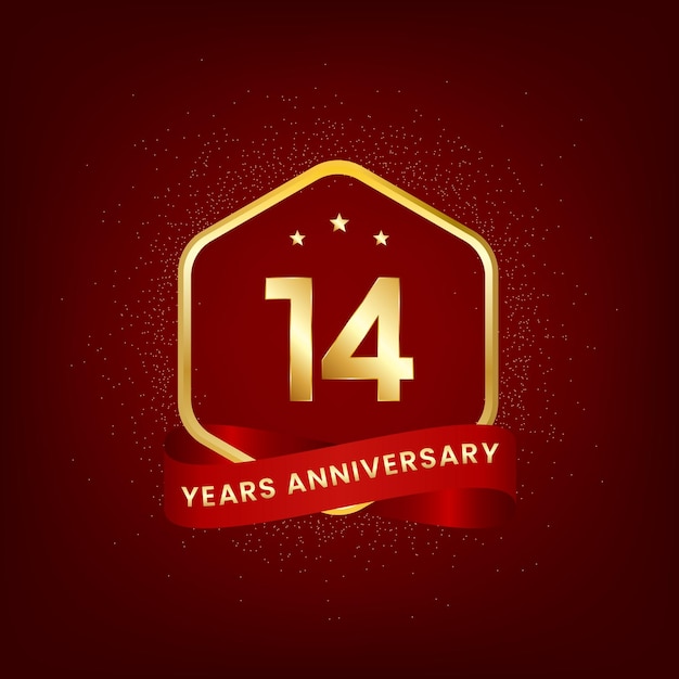 Aniversario de 14 años Diseño de plantilla de aniversario con número de oro y diseño de cinta roja para tarjeta de invitación de evento tarjeta de felicitación banner cartel folleto cubierta de libro e impresión Vector Eps10