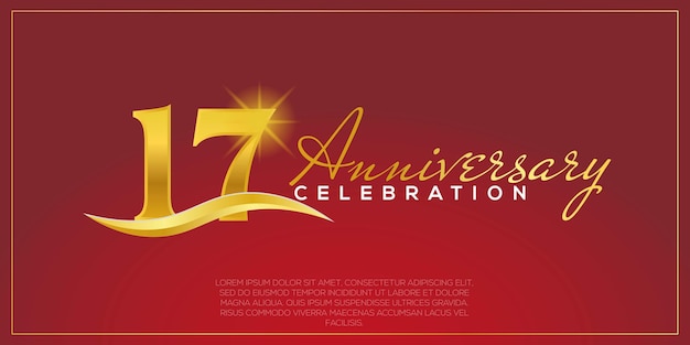 Aniversario de 17 años, diseño vectorial para celebración de aniversario con color dorado y rojo.