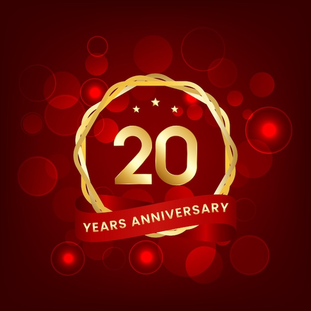 Aniversario de 20 años Diseño de plantilla de aniversario con número de oro y diseño de cinta roja para tarjeta de invitación de evento tarjeta de felicitación banner cartel folleto cubierta de libro e impresión Vector Eps10