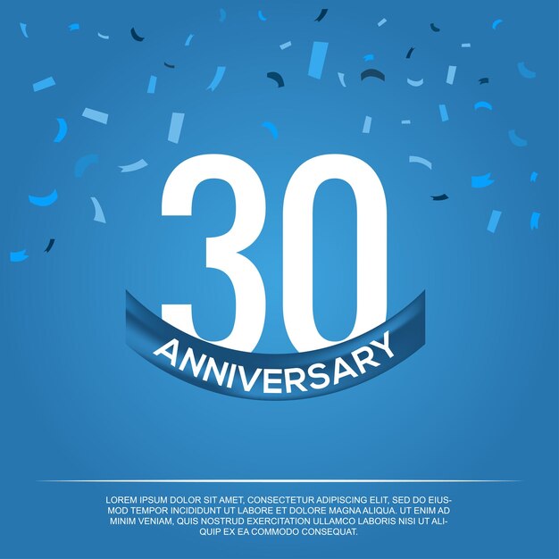 Aniversario de 30 años, diseño vectorial para celebración de aniversario con color azul y blanco.