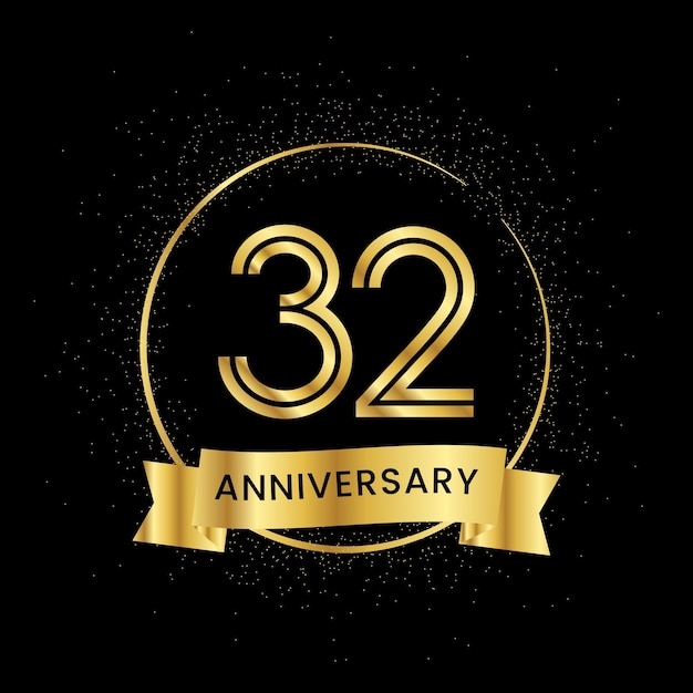 Aniversario de 32 años dentro de un círculo dorado y brillo esparcido sobre un fondo negro Aniversario del número dorado