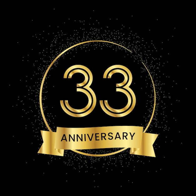 Vector aniversario de 33 años dentro de un círculo dorado y brillo esparcido sobre un fondo negro aniversario del número dorado
