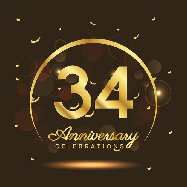 Vector aniversario de 34 años aniversario de media luna con confeti y un efecto dorado claro sobre un fondo negro y marrón