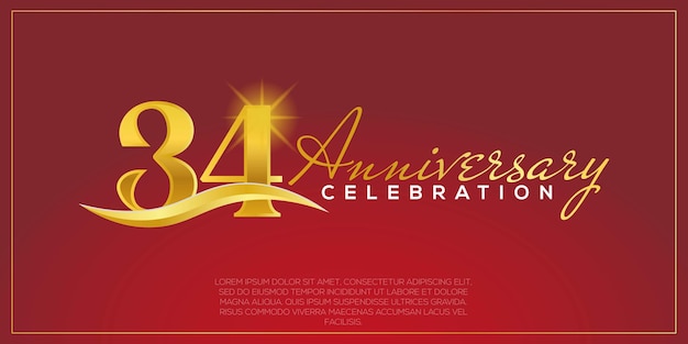 Aniversario de 34 años, diseño vectorial para celebración de aniversario con color dorado y rojo.