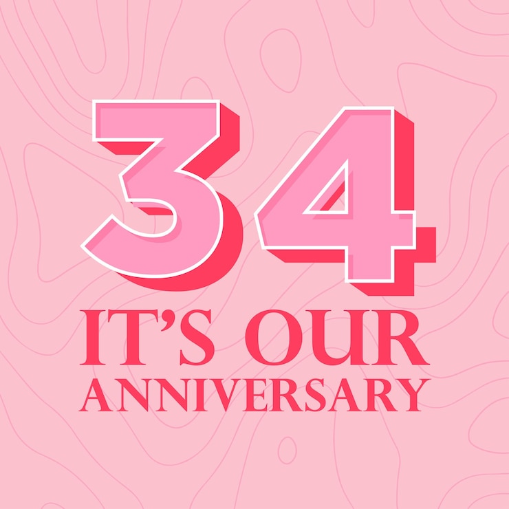 Vector aniversario de 34 años, tono especial de colores para celebrar evento especial, combinación de colores femeninos.