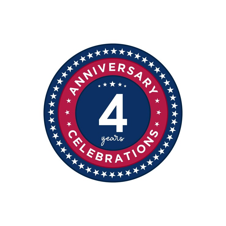Vector aniversario de 4 años diseño de plantilla de aniversario color rojo y azul con diseño de estrellas para tarjeta de invitación de evento tarjeta de felicitación banner cartel folleto cubierta de libro e impresión vector eps10