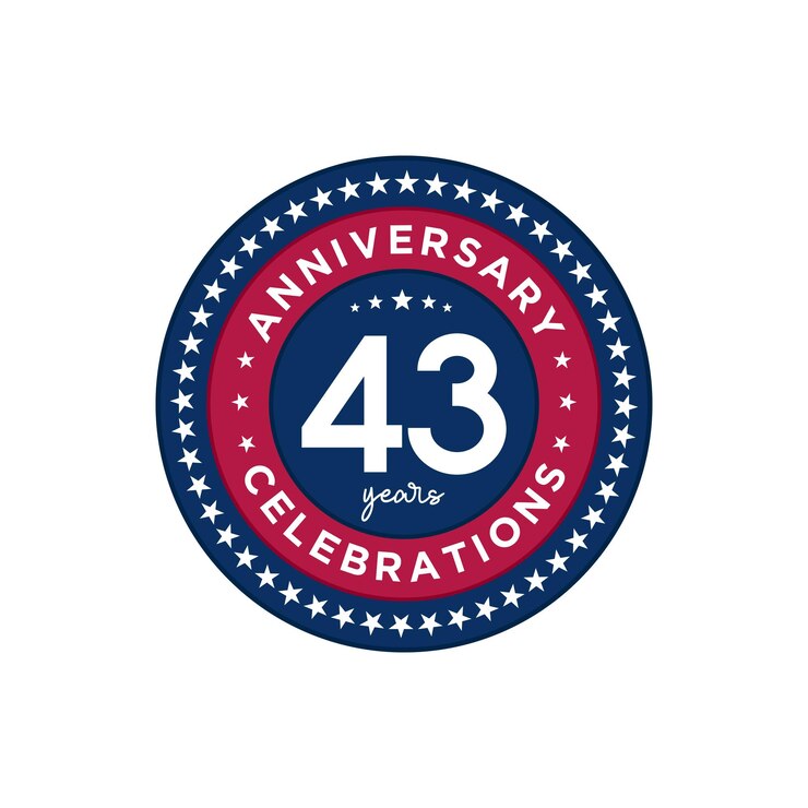 Vector aniversario de 43 años diseño de plantilla de aniversario colores rojo y azul con diseño de estrellas para tarjeta de invitación de evento tarjeta de felicitación banner cartel folleto cubierta de libro e impresión vector eps10