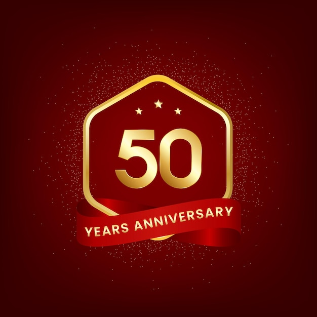 Aniversario de 50 años Diseño de plantilla de aniversario con número de oro y diseño de cinta roja para tarjeta de invitación de evento tarjeta de felicitación banner cartel folleto cubierta de libro e impresión Vector Eps10