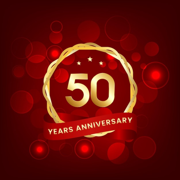 Aniversario de 50 años Diseño de plantilla de aniversario con número de oro y diseño de cinta roja para tarjeta de invitación de evento tarjeta de felicitación banner cartel folleto cubierta de libro e impresión Vector Eps10