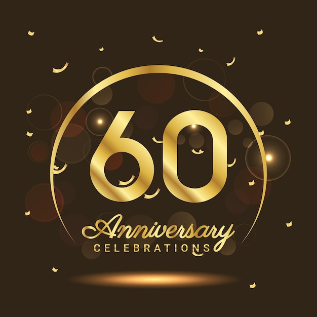 Aniversario de 60 años Aniversario de media luna con confeti y un efecto dorado claro sobre un fondo negro y marrón