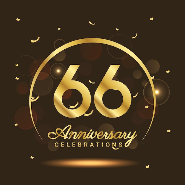 Aniversario de 66 años Aniversario de media luna con confeti y un efecto dorado claro sobre un fondo negro y marrón