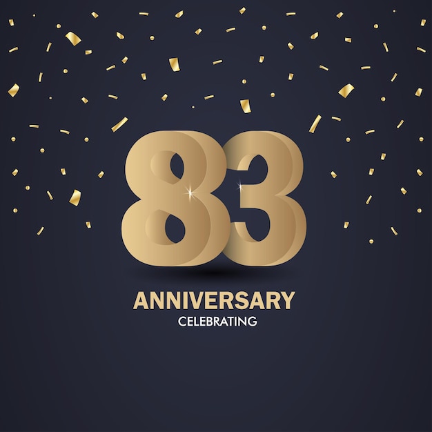 Aniversario 83 números dorados en 3d Plantilla de póster para celebrar la fiesta del evento de aniversario