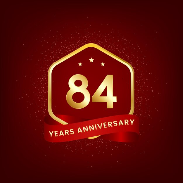 Aniversario de 84 años Diseño de plantilla de aniversario con número de oro y diseño de cinta roja para tarjeta de invitación de evento tarjeta de felicitación banner cartel folleto cubierta de libro e impresión Vector Eps10