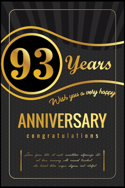 Aniversario de 93 años, diseño vectorial para celebración de aniversario con color dorado y negro.