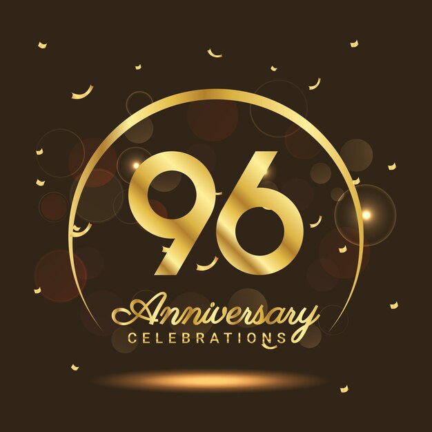 Aniversario de 96 años Aniversario de media luna con confeti y un efecto dorado claro sobre un fondo negro y marrón