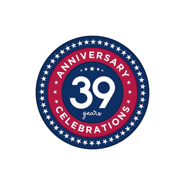 Aniversario de 39 años Diseño de plantilla de aniversario color rojo y azul con diseño de estrellas para tarjeta de invitación de evento tarjeta de felicitación banner cartel folleto cubierta de libro e impresión Vector Eps10