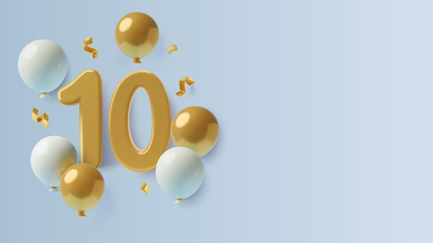 Aniversario de años de fondo 3d con globos dorados de diez números y confeti sobre fondo azul.
