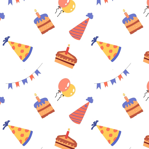 Aniversario de cumpleaños fondo sin costura con sombrero de cumpleaños y pasteles ilustración vectorial