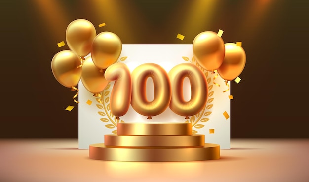 Aniversario del cumpleaños número 100 en el podio con globos dorados Vector
