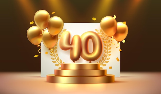 Aniversario del cumpleaños número 40 en el podio con globos dorados Vector