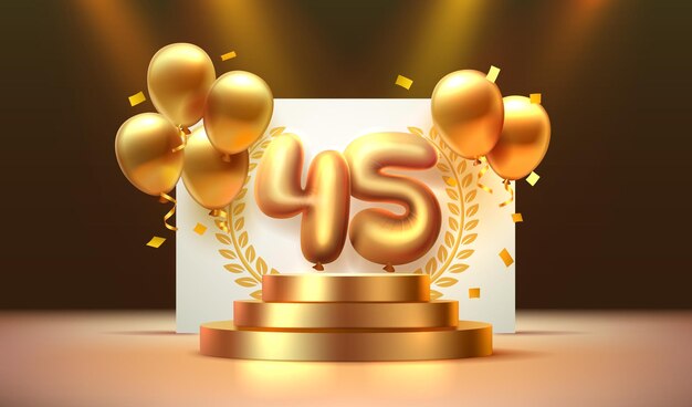 Aniversario del cumpleaños número 45 en el podio con globos dorados Vector