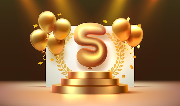 Aniversario del cumpleaños número 5 en el podio con globos dorados Vector