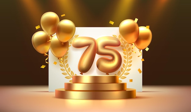 Aniversario del cumpleaños número 75 en el podio con globos dorados Vector