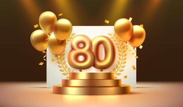 Aniversario del cumpleaños número 80 en el podio con globos dorados Vector