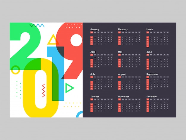 Año 2019, diseño de calendario.
