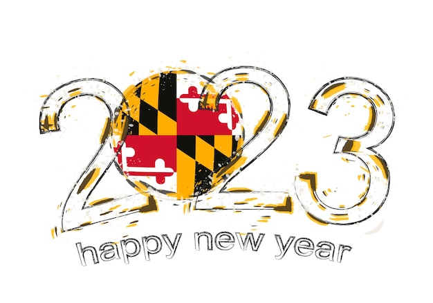 Año 2023 en estilo grunge con bandera de Maryland