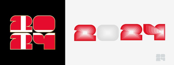 Vector año 2024 con la bandera de dinamarca y en el paladar de colores de la bandera de dinamarca feliz año nuevo 2024 en dos estilos diferentes
