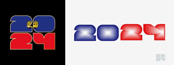 Vector año 2024 con la bandera de liechtenstein y en el paladar de colores de la bandera de liechtenstein feliz año nuevo 2024 en dos estilos diferentes