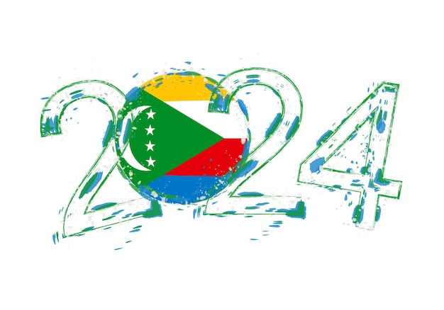 Año 2024 en estilo grunge con bandera de Comoras