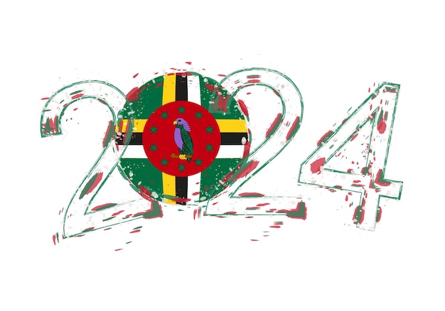 Año 2024 en estilo grunge con bandera de Dominica