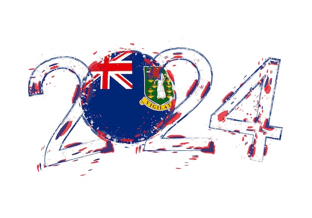 Año 2024 en estilo grunge con bandera de las Islas Vírgenes Británicas