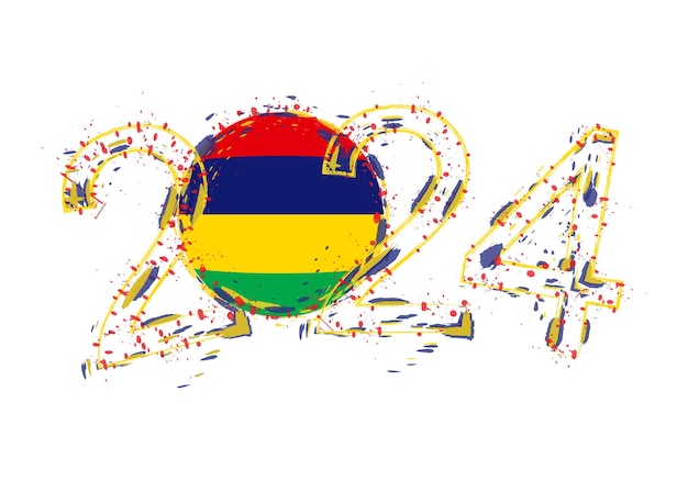 Año 2024 en estilo grunge con bandera de Mauricio