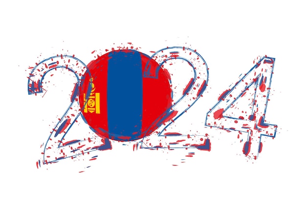 Año 2024 en estilo grunge con bandera de Mongolia