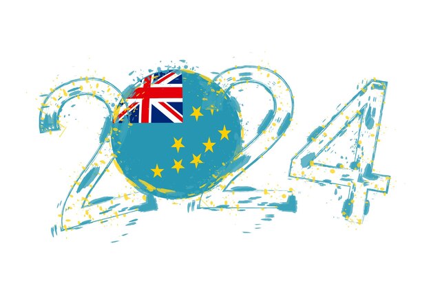 Año 2024 en estilo grunge con bandera de Tuvalu
