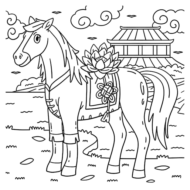 El Año del Caballo 2026 con Lotus Página para colorear