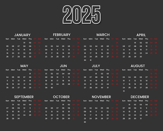 El año calendario 2025 en un vistazo en un fondo oscuro