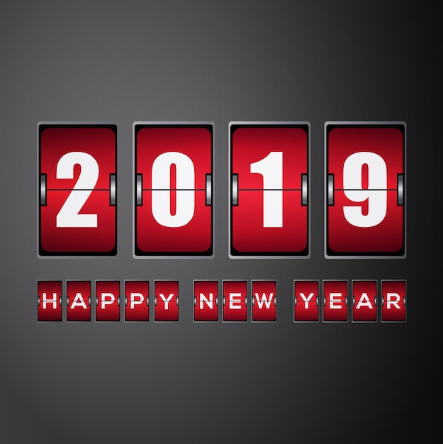 Año nuevo 2019 con flip clock analógico rojo.