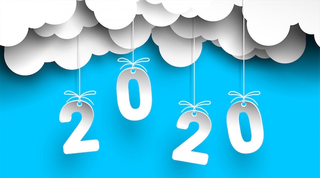 Año nuevo 2020 en el cielo con número de nubes en papel cortado y estilo artesanal para sus volantes, saludos y tarjetas de invitaciones.