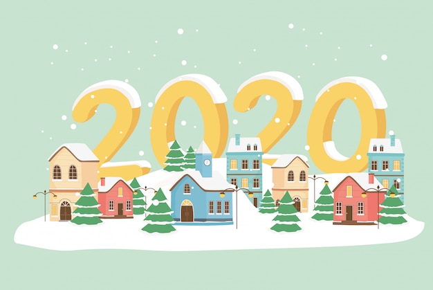 Año nuevo 2020 tarjeta de felicitación ciudad árboles lámparas de nieve