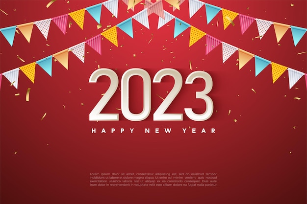 Año nuevo 2023 con decoración de cortinas de papel y fondo rojo.