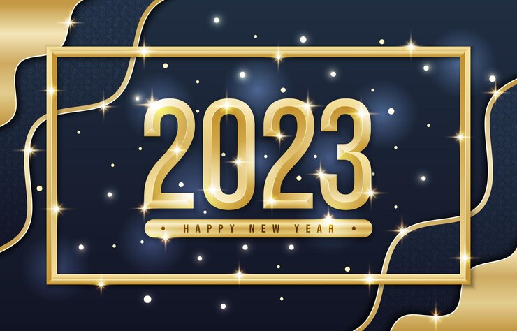 Año Nuevo 2023 Diseño vectorial con estilo de oro sólido emocionante y fascinante en el fondo oscuro